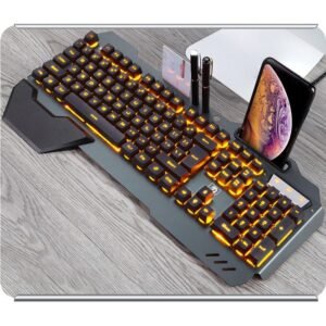 Ergonomic Wired Gaming Keyboard with RGB Backlit Phone Holder