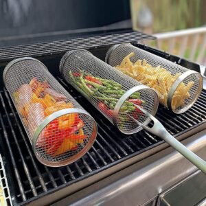 Portable Rotating Metal Mesh Grill Basket for Outdoor Camping