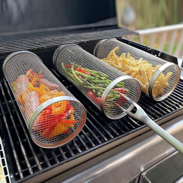 Portable Rotating Metal Mesh Grill Basket for Outdoor Camping