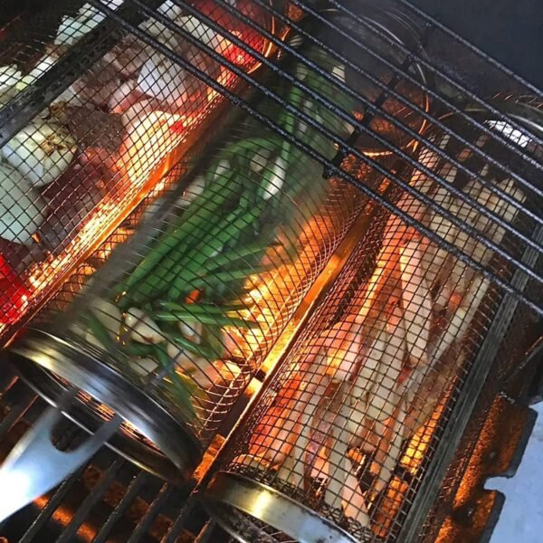 Portable Rotating Metal Mesh Grill Basket for Outdoor Camping