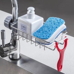 Adjustable sink drain rack for storing sponges and soap