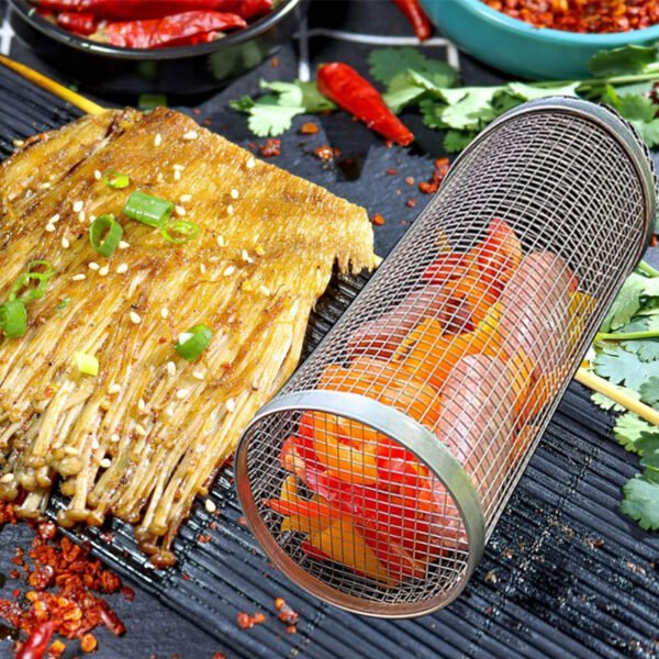 Portable Rotating Metal Mesh Grill Basket for Outdoor Camping