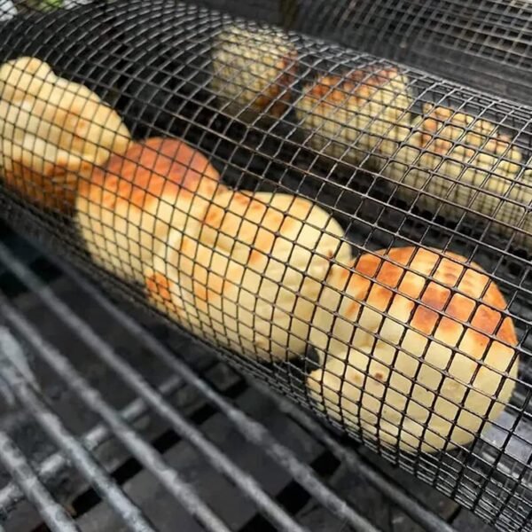 Portable Rotating Metal Mesh Grill Basket for Outdoor Camping
